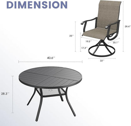 VICLLAX 5 Pieces Outdoor Dining Set, Patio Furniture Set of 4 Patio Swivel Dining Chairs and 40.6" Patio Spliced Round Tabletop with Storage Shelf, Mixed Brown Chairs & Black Tabletop