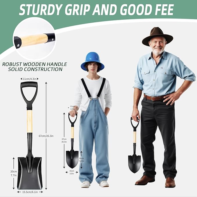 26-inch Small Square Sand and Soil Digging Pointed Shovel with D-Shaped Handle, Vehicle-Mounted Metal Camping Iron Spade, Garden Shovel, Gardening Tools with Wooden Handles (Small Pointed Shovel)