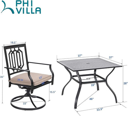 PHI VILLA 5-Piece Outdoor Dining Set, 4 Steel Metal Swivel Patio Chairs & 1 Square Dining Table, Paperclip Pattern Back, Classic Black