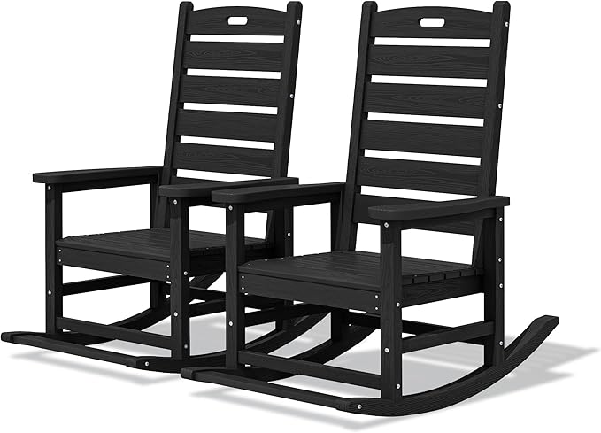 SERWALL Outdoor Rocking Chair Set of 2, Oversized Rocking Chair with Footboard for Adults, HDPE All Weather Rocking Chairs for Patio, 350lbs Weight Capacity, Black