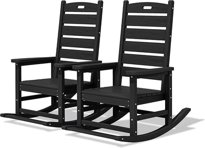 SERWALL Outdoor Rocking Chair Set of 2, Oversized Rocking Chair with Footboard for Adults, HDPE All Weather Rocking Chairs for Patio, 350lbs Weight Capacity, Black