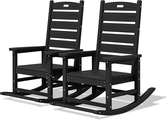 SERWALL Outdoor Rocking Chair Set of 2, Oversized Rocking Chair with Footboard for Adults, HDPE All Weather Rocking Chairs for Patio, 350lbs Weight Capacity, Black