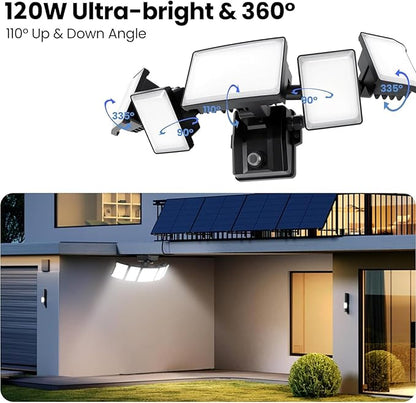 Olafus 120W Plug in Flood Lights Dusk to Dawn LED Outdoor Light with Remote, 5 Adjustable Heads IP65 Waterproof LED Security Light with Photocell for Yard Garden Porch Black