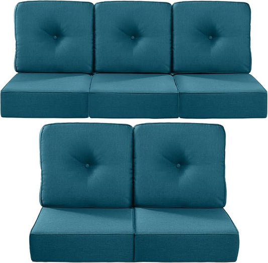 Luxury 22x24/22x25 6-Inch Outdoor Cushions for 5 Peice Patio Furniture Set - Set of 5 Water Repellent Pillow for Wicker Rocking Swivel Chairs Loveseat Couch Sectional Sofa - Peacock Blue