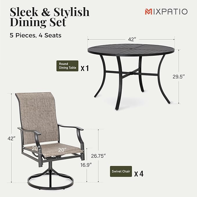 5 Pieces Patio Dining Set, Outdoor Table and Chairs, 4 x Textilene Swivel Dining Chairs and 42" Round Black Table, with 1.57" Umbrella Hole, for Cozy Garden Settings, Grayish Brown