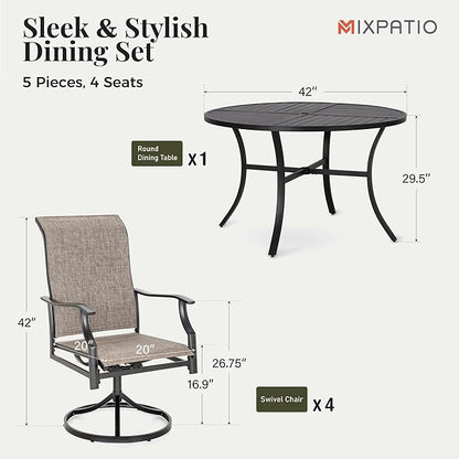5 Pieces Patio Dining Set, Outdoor Table and Chairs, 4 x Textilene Swivel Dining Chairs and 42" Round Black Table, with 1.57" Umbrella Hole, for Cozy Garden Settings, Grayish Brown