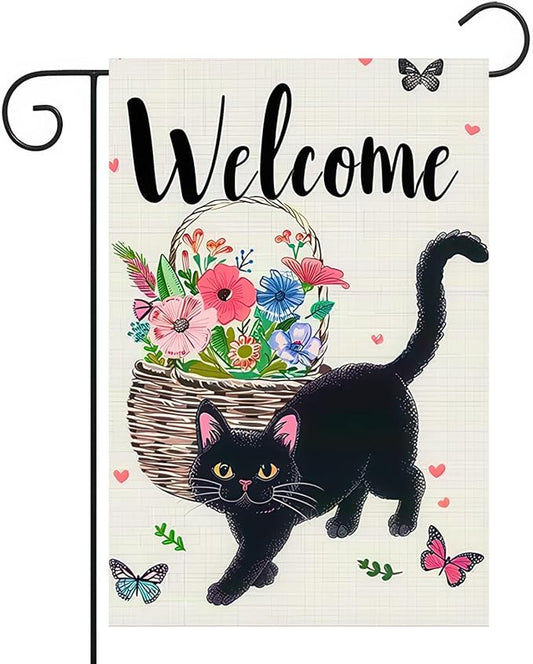 Welcome Cat Garden Flag 12x18 Inch Cute Black Cat Colorful Floral Butterfly Basket Double-Sided Yard Decoration for Outdoor Garden Patio Yard Spring Summer Décor