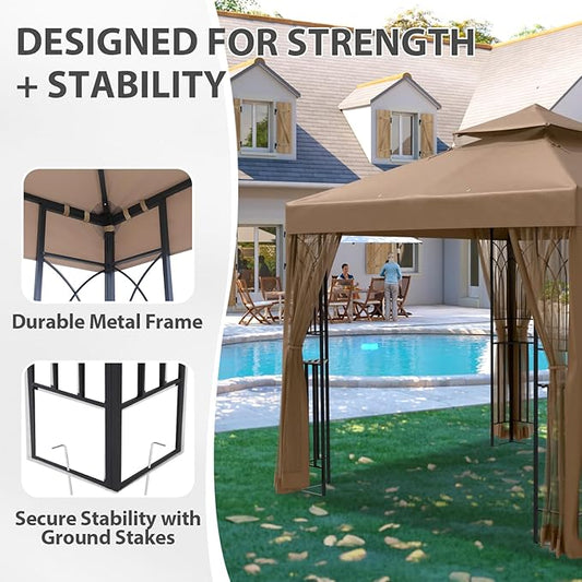 EAGLE PEAK 8x8 Patio Gazebo with Mesh Netting, Double Roof Outdoor Pavilion with Corner Shelves for Lawn, Deck, Garden and Backyard, Brown