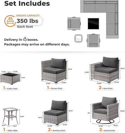 ovios 9 Pieces Patio Furniture Set, Outdoor Wicker Sectional Sofa with 2 Swivel Chairs Coffee Table, Modern Modular Deep Seat Rattan Couch Conversation Sets, Black