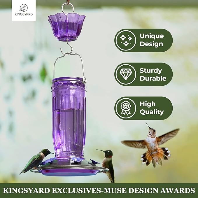 Kingsyard 2 Pack Glass Hummingbird Feeder for Outdoors, 16 Oz Wild Bird Feeder with 6 Feeding Ports Hanging for Garden Yard, Purple (Ant Moat Included)