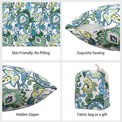 Magpie Fabrics Pack of 2 Outdoor Waterproof Throw Pillow Covers 18 x 18 Inch, Christmas Decorative Cushion Sham Pillowcase Shell for Garden Patio Tent Balcony Couch Sofa(Floral Blue Green)