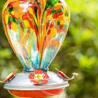 2 Packs Hummingbird Feeder for Outdoors Hanging Ant and Bee Proof, 32OZ & 34OZ, Hand Blown Glass Hummingbird Feeders for Outside, Blue & Teal