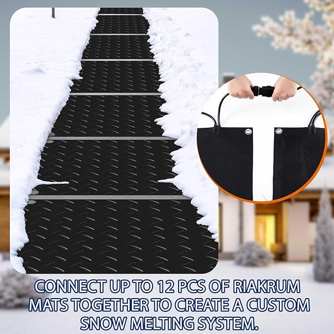 Riakrum 1 Pcs Heated Snow Melting Mats Outdoor, 30 x 30 in Winter Anti-Slip Heated Rubber Mat for Walkways Decks and Sidewalks, Snow and Ice Melting Pads Connection with 9.84 ft Power Cord