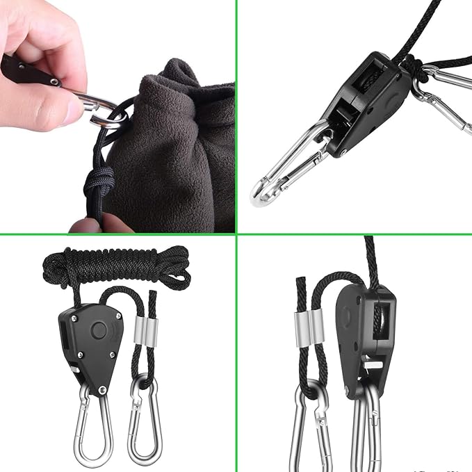 Rope Clip Hanger, 8 Packs 1/8 in Reinforced Adjustable Height Anti-Loose Design Metal Gears Clip for Growing Light Fixtures, Hanging Plants, 8 FT Length 150lbs Weight Capacity