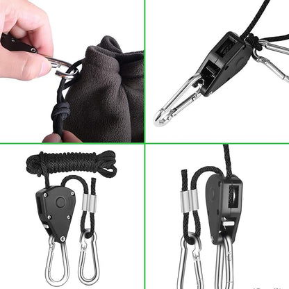 Rope Clip Hanger, 8 Packs 1/8 in Reinforced Adjustable Height Anti-Loose Design Metal Gears Clip for Growing Light Fixtures, Hanging Plants, 8 FT Length 150lbs Weight Capacity