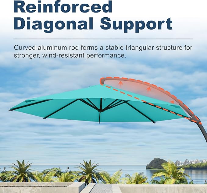12FT Cantilever Umbrella with Base Large Curvy Outdoor Aluminum Offset Umbrella w/ 360° Rotation, UV Resistant Canopy for Patio, Garden, Backyard, Turquoise Blue