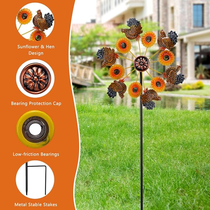 VEWOGARDEN 2PCS Wind Spinners Outdoor, Metal Wind Spinners with Sunflower and Hen Design for Yard Garden Lawn Thanksgiving Decorations