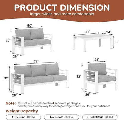 Solaste Aluminum Patio Furniture Set for All Weather, Oversized Metal Outdoor Furniture Set with 27.5" Deep Seating and 3.2" Wide Armrest, Outdoor Patio Conversation Set with 5" Cushion, White