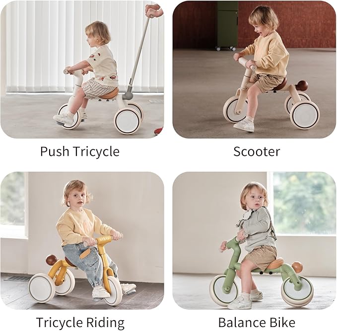 4-in-1 Toddler Tricycle with Adjustable Push Handle for 1-4 Year Old,Birthday Gift and Toy for Boys and Girls Removable Pedals Balance Bike&Scooter (Yellow)