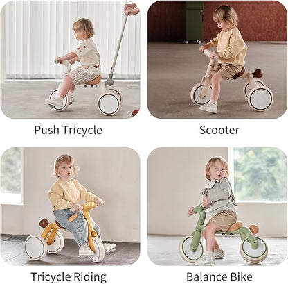 4-in-1 Toddler Tricycle with Adjustable Push Handle for 1-4 Year Old,Birthday Gift and Toy for Boys and Girls Removable Pedals Balance Bike&Scooter (Yellow)