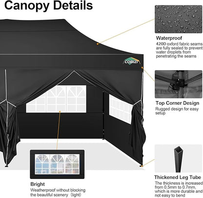 COBIZI 10x20 Pop up Canopy Tent 10x20 Canopy with 6 Sidewalls Waterproof Heavy Duty Commercial Canopy Tent for Parties Outdoor Tent Garden Gazebo Tent, Carry Bag with Wheel(10x20ft, Black)