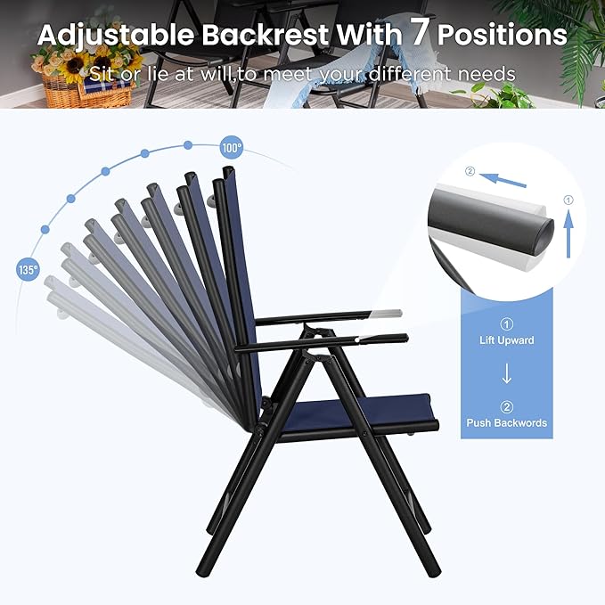 PHI VILLA 9 Piece Outdoor Dining Set, All Weather Furniture Patio Table and Chairs for 8 with Adjustable Lightweight Patio Folding Dining Chairs (Blue) & Extendable Metal Table for Garden, Yard