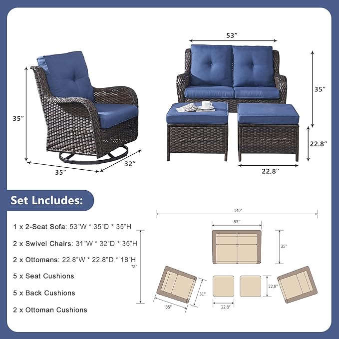 Rilyson 5 Piece Outdoor Patio Furniture Set - Rattan Wicker Patio Conversation Sets with 2 Swivel Rocker Chairs,2 Ottomans and 1 Loveseat for Outside Porch Deck Backyard(Brown/Blue)