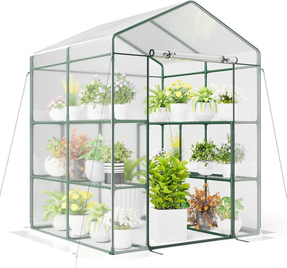 Happygrill Walk-in Greenhouse, Winter Hot House w/4 Tiers, 8 Shelves, Roll-up Zippered Door, Waterproof PVC Film, Portable Greenhouses for Outdoors for Potted Plants, Fruits, Vegetables, Flowers