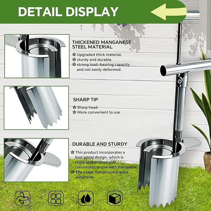Bulb Planter Tool,new Stainless Steel plant seedling transplanter,Equipped with a foot pedal garden transplanter tool. Including plant support rods and twist ties,use for flowers fruit tree seedlings