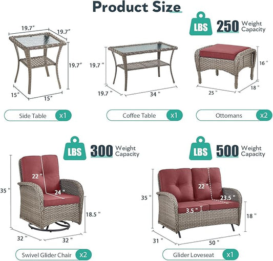 7 Piece Patio Furniture Set - Wicker Patio Conversation Set with Swivel Glider, Glider Loveseat, Tempered Glass Side Table and 2 Ottomans for Deck Backyard - Grey Wicker Red Cushion