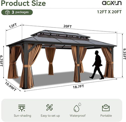 Aoxun 12'x20' Hardtop Gazebo, Aluminum Frame Permanent Pavilion with Netting and Curtains, Outdoor Polycarbonate Double Roof Canopy, Designed for Lawn, Garden, Patio (Khaki)