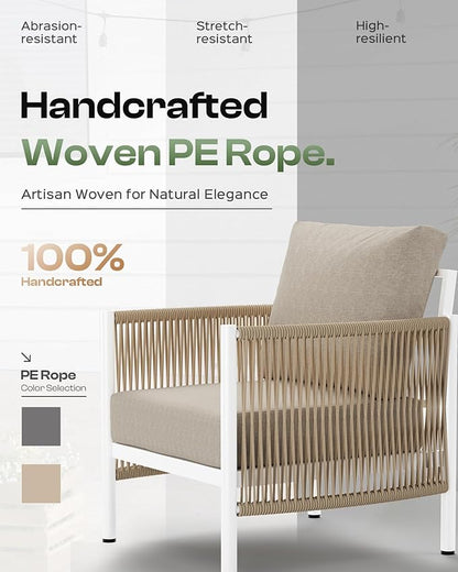 Aluminum Outdoor Patio Furniture Set, HDPE Rope 4 Piece Modern Sectional Conversation Sets with Dual-Layer Coffee Table, All Weather Patio Couch Set with Thick Cushions, White Frame, Ivory