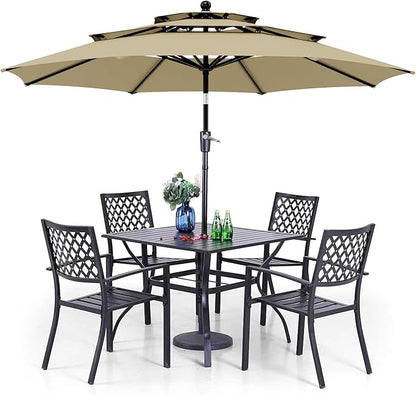 PHI VILLA Outdoor Dining Set 6 PCS with 10ft 3-Layer Round Umbrella(Beige),1 Square 37"x 37"Dining Table,4 Bistro Chairs& 10ft Patio Umbrella
