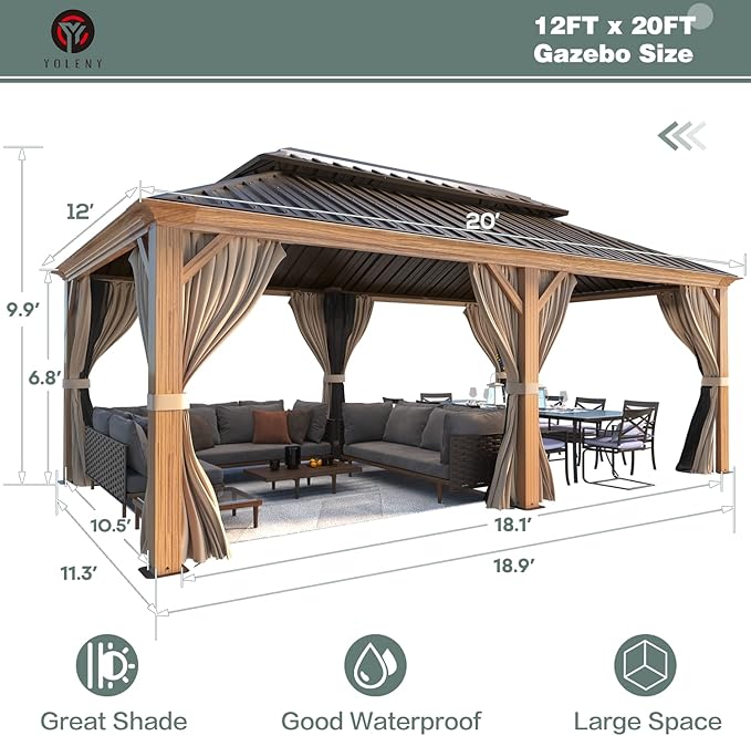 YOLENY 12' x 20' Hardtop Gazebo Wood Grain Pergola with Galvanized Steel Double Roof, Aluminum Frame, Outdoor Patio Gazebo with Netting and Curtains for Deck, Backyard, Patio and Lawns