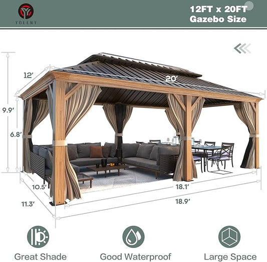 YOLENY 12' x 20' Hardtop Gazebo Wood Grain Pergola with Galvanized Steel Double Roof, Aluminum Frame, Outdoor Patio Gazebo with Netting and Curtains for Deck, Backyard, Patio and Lawns