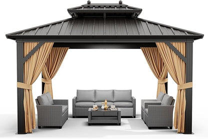 Outdoor Hardtop Gazebos 10 x 12 ft Permanent with High Strength Aluminum Frame, Double-Roof, Pavilion with Curtain and Netting for Patio, Lawn, Deck, Garden (Darkbrown, 10x12 ft)