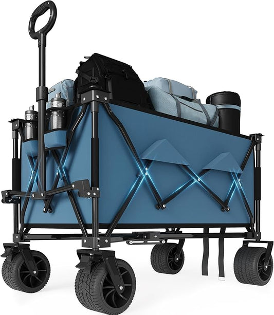 35" Foldable Wagon for Beach with 350lbs Weight Capacity, Heavy Duty 280L Extra Large Collapsible Foldable Wagon for Camping, All Terrain Beach Wagons Extended with Cup Holders for Sand