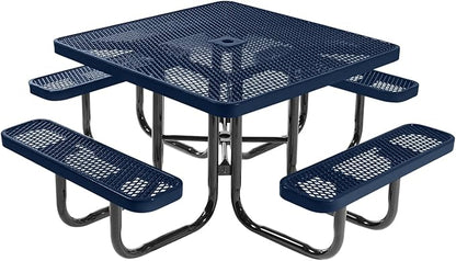 COATEDOUTDOORFURNITURE Heavy-Duty Portable Outdoor Picnic Table with Umbrella Hole, Expanded Metal Commercial-Grade Patio Dining Furniture Made in America (46" Square Top, Textured Dark Blue)