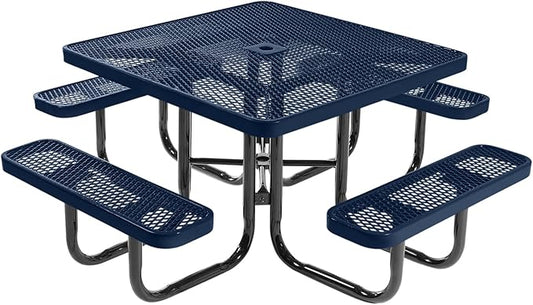 COATEDOUTDOORFURNITURE Heavy-Duty Portable Outdoor Picnic Table with Umbrella Hole, Expanded Metal Commercial-Grade Patio Dining Furniture Made in America (46" Square Top, Textured Dark Blue)
