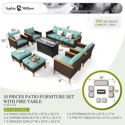 Sophia & William Patio Furniture Set with Fire Pit Table, 10 Piece Outdoor Wicker Furniture Sectional Sofa, Extra Large Patio Rattan Conversation Set with Ottoman & 45" Fire Pit Table(Aqua Blue)