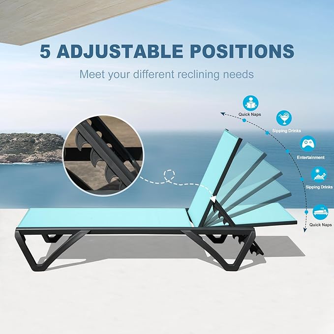 Domi Pool Lounge Chairs Set of 2, Aluminum Patio Chaise Lounge with Wheels, 5 Position Adjustable, All Weather Outdoor Lounge Chairs for Beach, Yard, Balcony, Poolside, Turquoise Blue