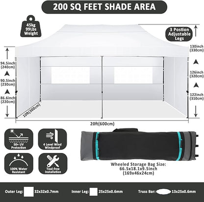 COBIZI 10x20 Pop Up Canopy with 6 Sidewall,Heavy Duty Canopy UPF 50+ All Season Wind Waterproof Commercial Outdoor Wedding Party Tents for Parties Canopy Gazebo with Roller Bag(10 x 20 ft White)