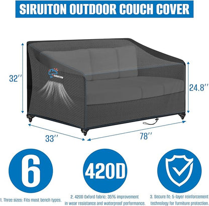 SIRUITON 2-Seat 78" W x 33" D x 32" H Garden Patio Sofa/Loveseat/Bench Cover, Heavy Duty 420D Oxford Waterproof Outdoor Sofa Cover, Lawn Patio Furniture Covers
