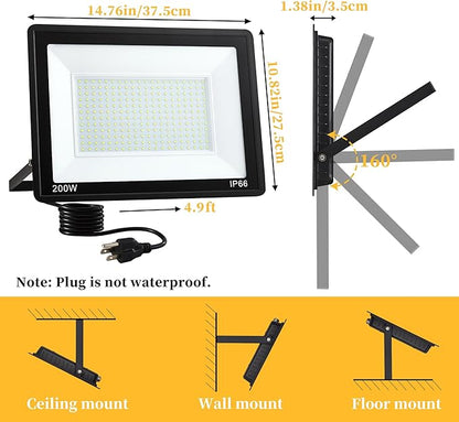 2 Pack 200W LED Flood Light Outdoor Plug in,25000 LM Super Bright Security Lights,IP66 Waterproof 6000K Daylight White Stadium Lights,Floodlights for Garage,Yard,Garden,Playground