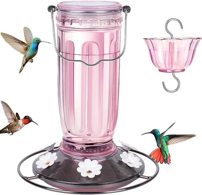 Kingsyard Glass Hummingbird Feeder for Outdoors Wild Bird Feeder with 6 Feeding Ports Hanging for Garden Yard, Pink (Ant Moat Included)