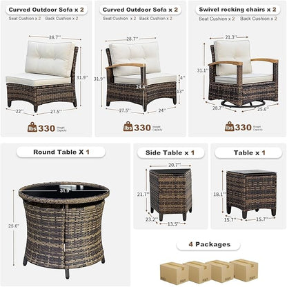 MEISSALIVVE 9 Piece Outdoor Patio Furniture Set, Half-Moon Curved Sectional Sofa Rattan Conversation Set with 2 Wood Armrests Swivel Rocker Chairs, Round Coffee Table & Side Table（Brown）