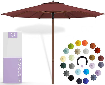 Midtown Umbrellas The Wooden 8 Feet Patio Umbrella With Terylast Cherry (Burgundy) Polyester Fabric - Aluminum Frame Market Umbrella For Backyard, Deck, Garden, Pool - Wooden Pole