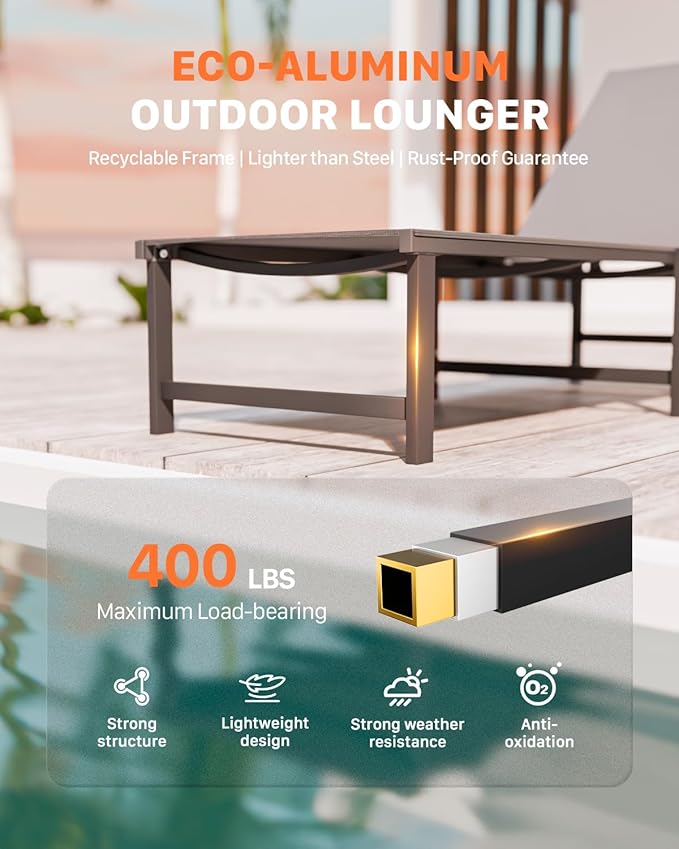Chaise Lounge Chair Outdoor, Aluminum Patio Chairs with 5 Adjustable Backrest and Headrest Pillows for Outside Beach, Gray