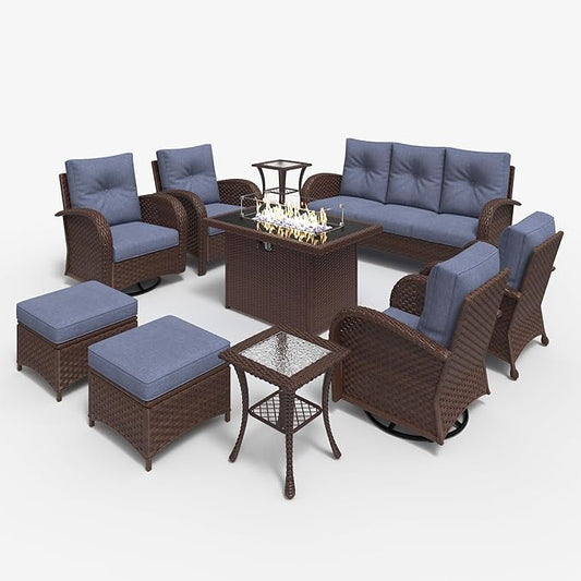 LayinSun 10 Pieces Outdoor Patio Furniture Set with Fire Pit Table, Rattan Wicker Sectional Swivel Rocker Chairs Sets