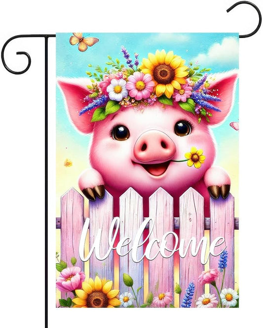 Spring Welcome Garden Flag 12x18 Inches Double Sided Cute Pig Yard Flags Colorful Floral Butterfly Sunflower Crown Fence for Outside Decor Home Farmhouse Holiday Summer Decorations